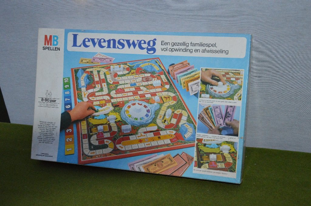 Vintage Levensweg bordspel uit 1978, lichtblauwe doos, MB, Vijf spelers of meer, Ophalen of Verzenden, Gebruikt, MB