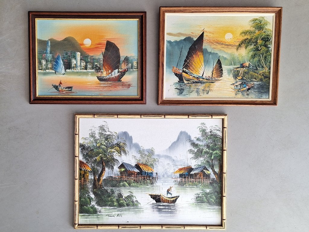 lot 3st Aziatisch impressionistische kunst vissersboot boten, Ingelijst, Ophalen of Verzenden, China, Meerkleurig