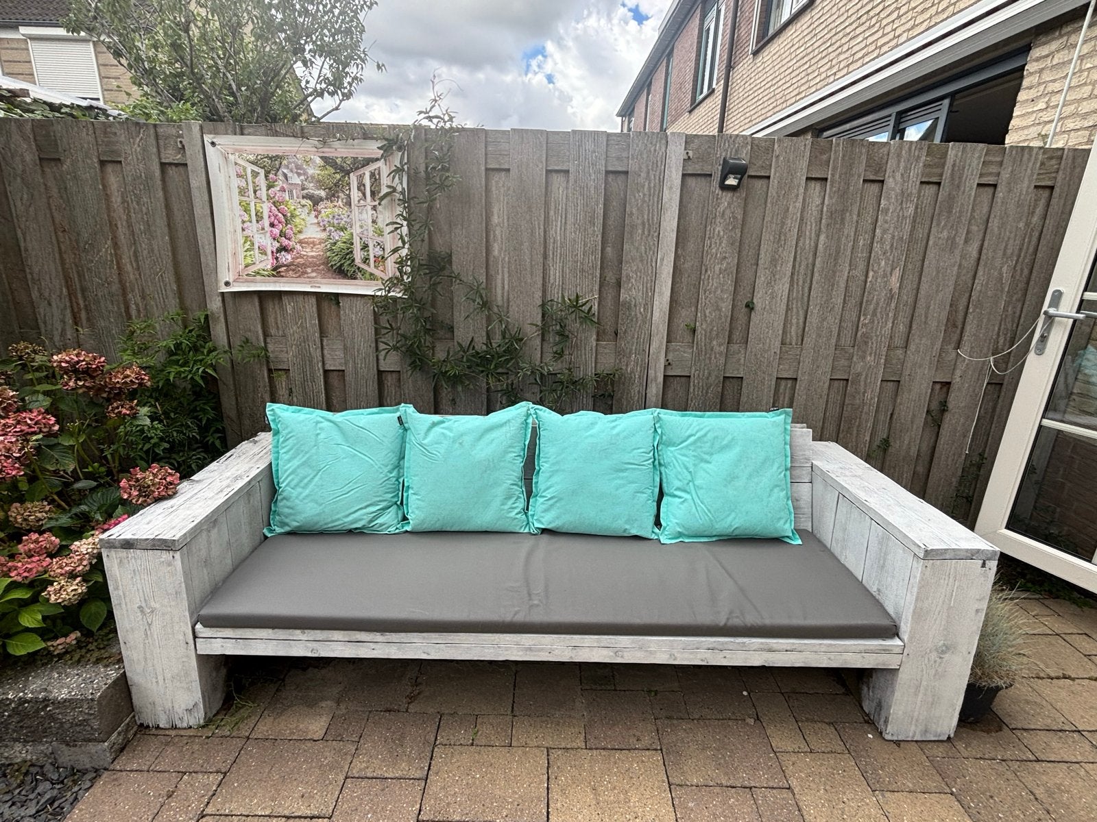 Steiger houten tuinbank met kussens, Tuin en Terras, Ophalen, Gebruikt, Hout