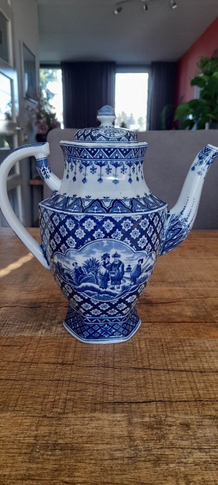 Antieke Delfts Blauwe Theepot met Oosterse Scène, Ophalen of Verzenden
