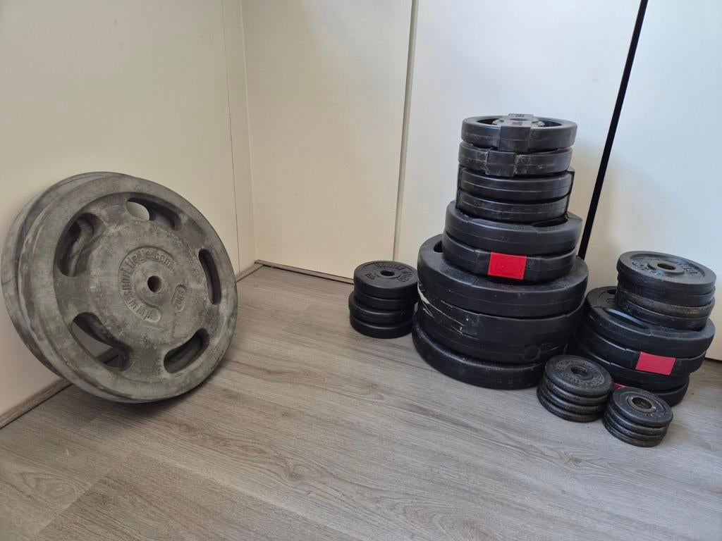 Halter schijven 30mm - Compleet pakket (ca. 120kg), Ophalen, Gebruikt, Halterschijven