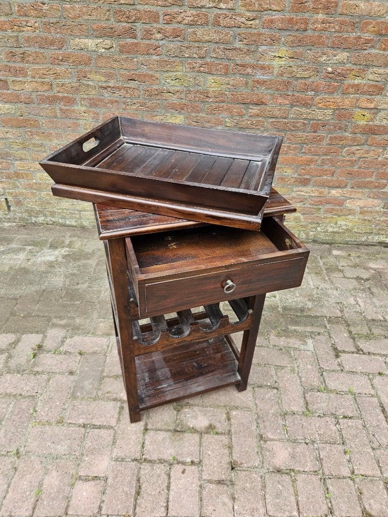 Serveertafel met flessenrek en los dienblad, Ophalen, Gebruikt, Rechthoekig, Hout