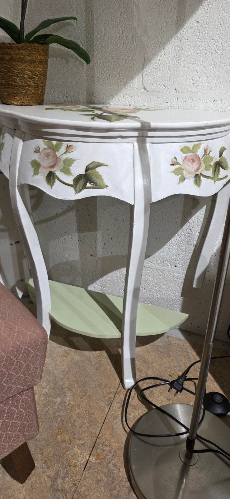 Halfronde bijzettafel met bloemmotief, Ophalen, Gebruikt, 55 tot 75 cm, Overige vormen