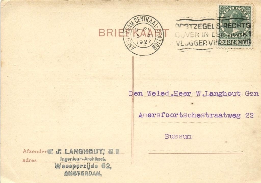 G.J. Langhout, Ingenieur-Architect, Amsterdam - 11.1927 - br, Ophalen of Verzenden, Briefkaart