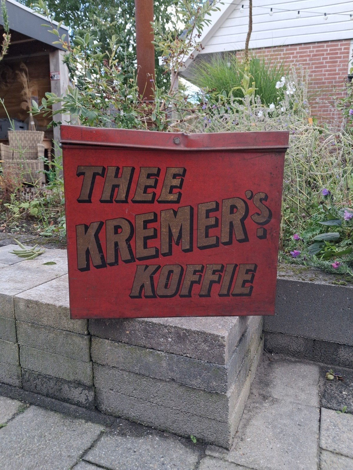 Vintage Theekist "Thee Kremer's Koffie" - Rood winkelblik, Ophalen of Verzenden