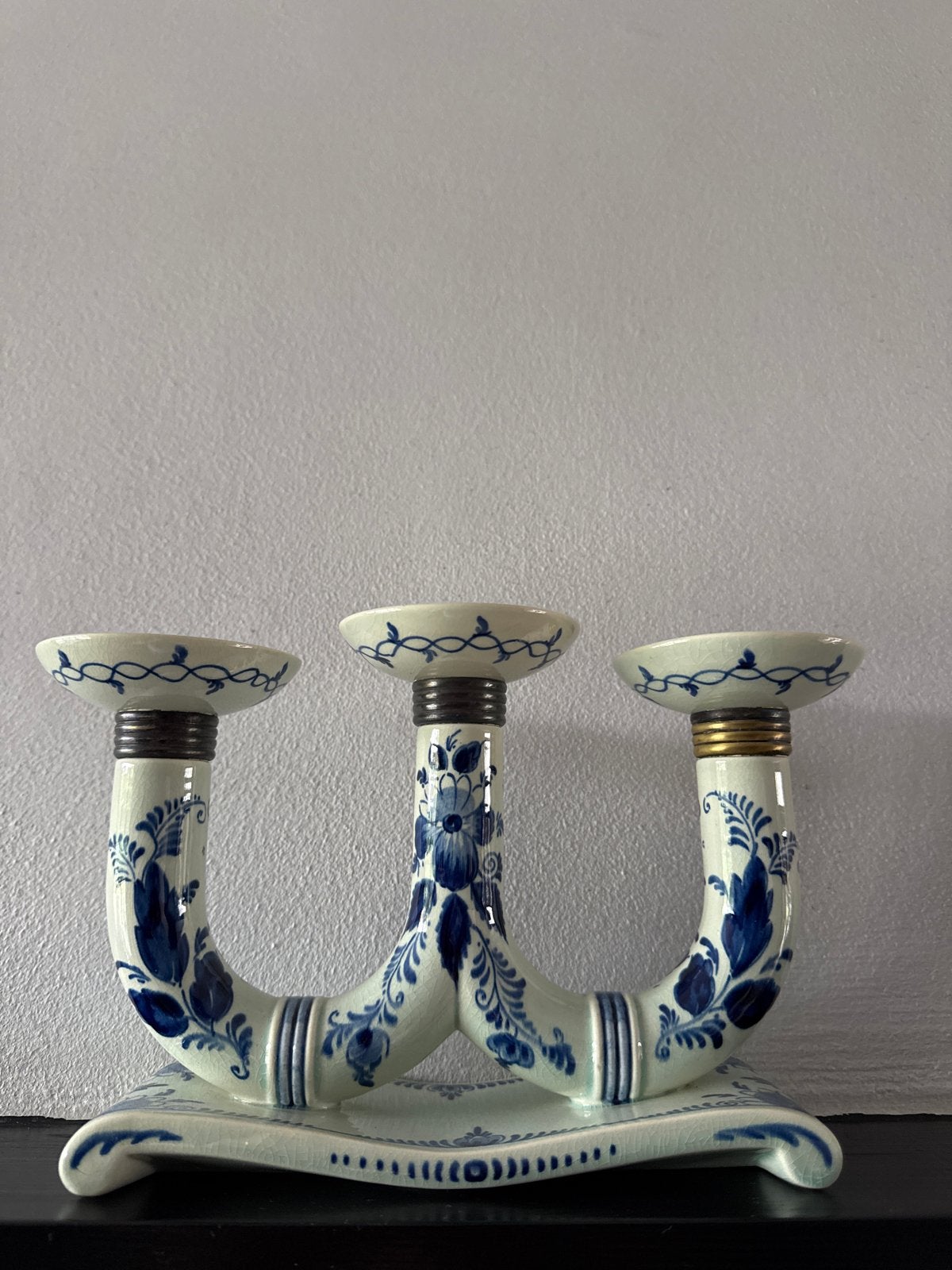 Antieke Delfts Blauwe Kandelaar - Drievoudig, Antiek en Kunst, Ophalen, Keramiek of Aardewerk