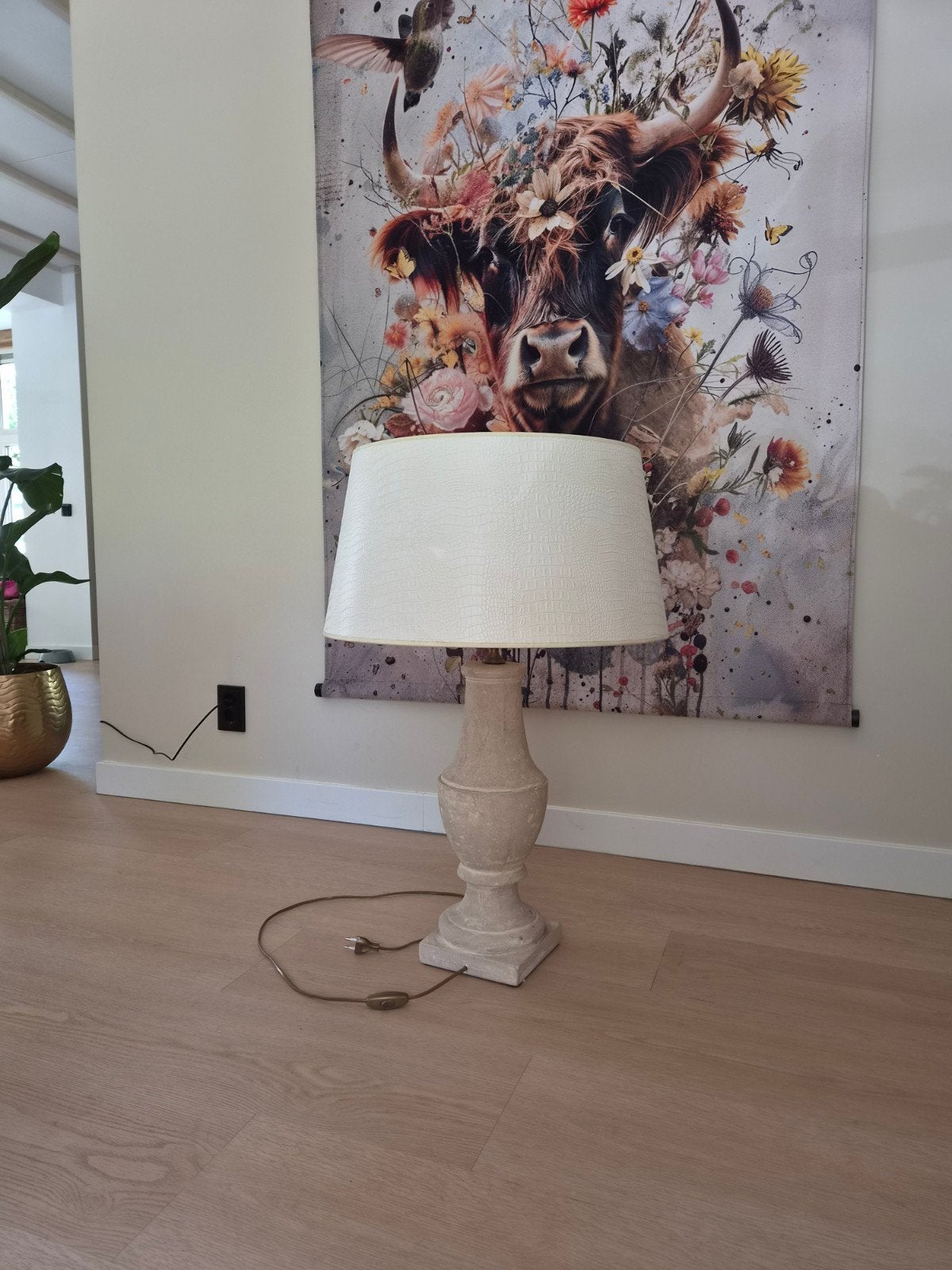 Grote landelijke tafellamp met crèmekleurige kap, Ophalen, Zo goed als nieuw, 75 cm of meer, Overige materialen