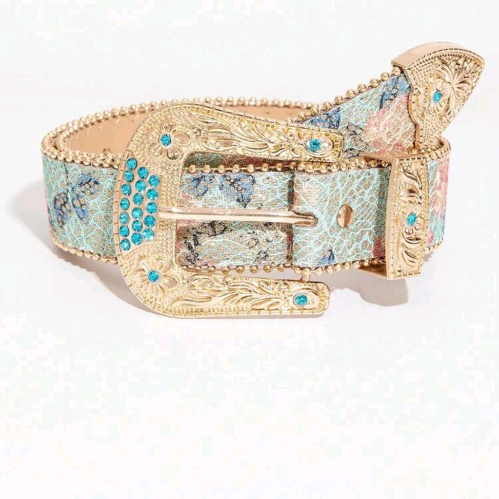Nieuwe riem met blauwe diamanten en bloemenprint, Kleding | Dames, Riemen en Ceinturen, Ophalen, Overige kleuren, 3 tot 5 cm, Nieuw
