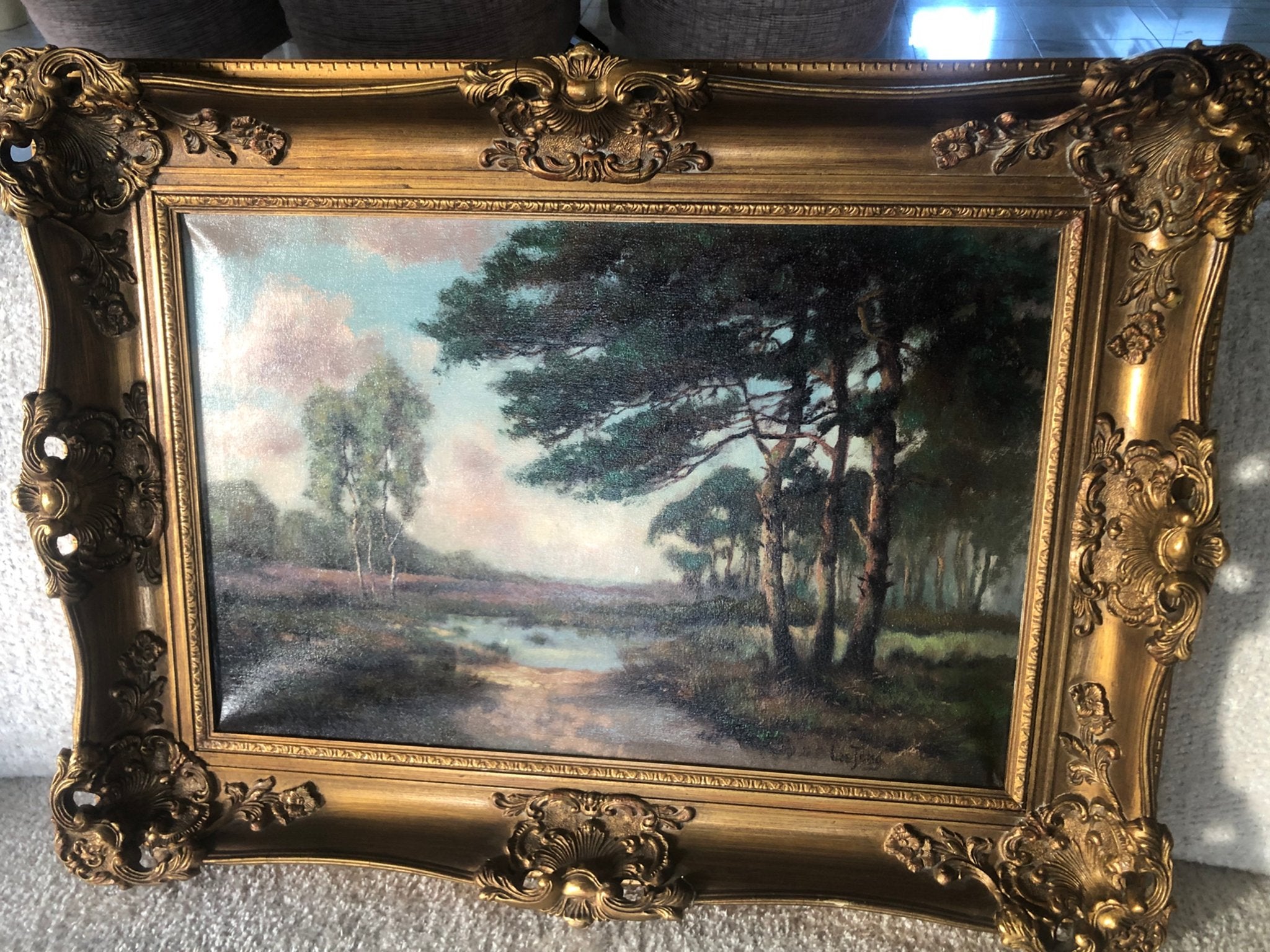 Schilderij heidelandschap met bomen in sierlijke lijst, Antiek en Kunst, Kunst | Schilderijen | Klassiek, Ophalen