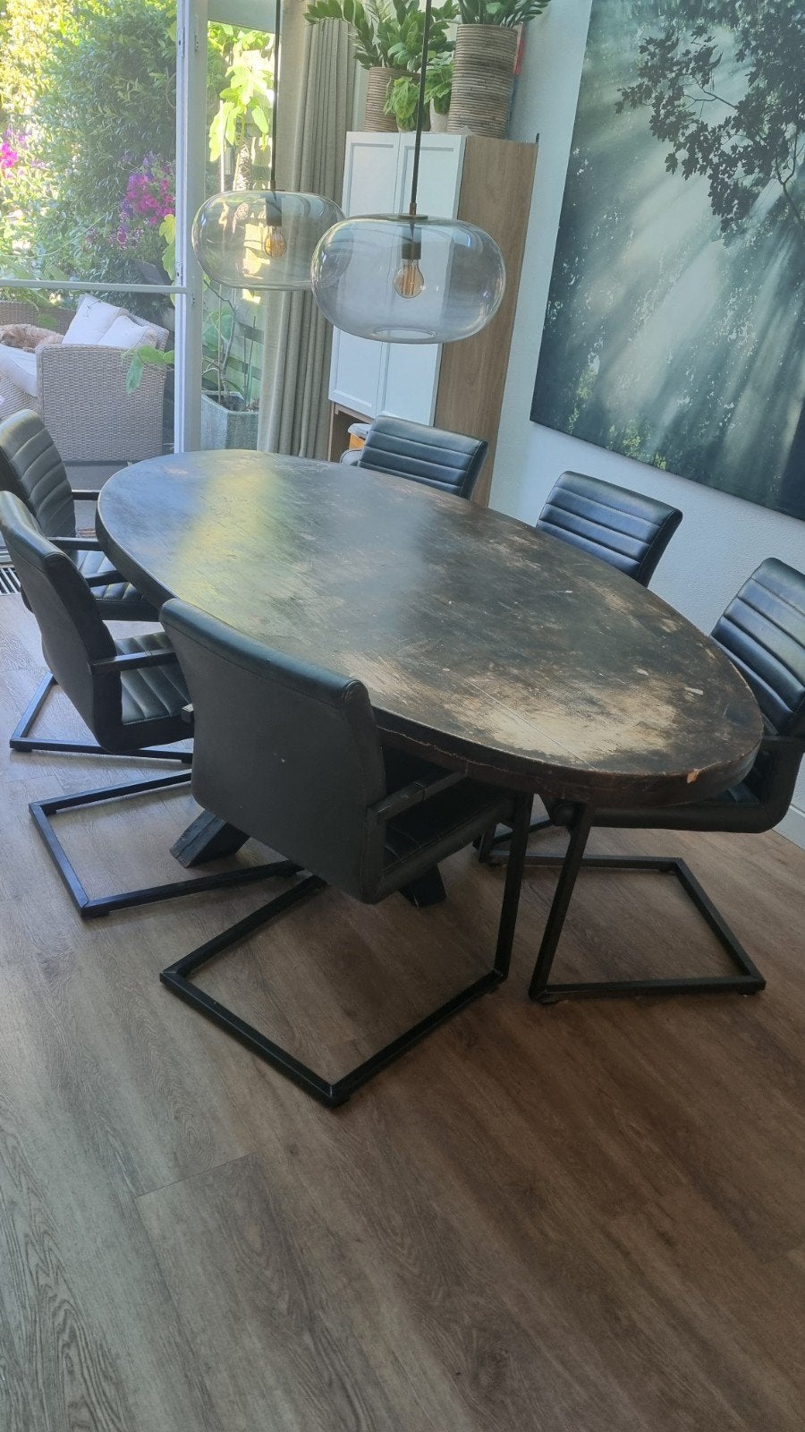 Ovale eettafel met 6 antraciet stoelen - 226x116 cm, Huis en Inrichting, Tafels | Eettafels, Overige houtsoorten, Gebruikt, 200 cm of meer