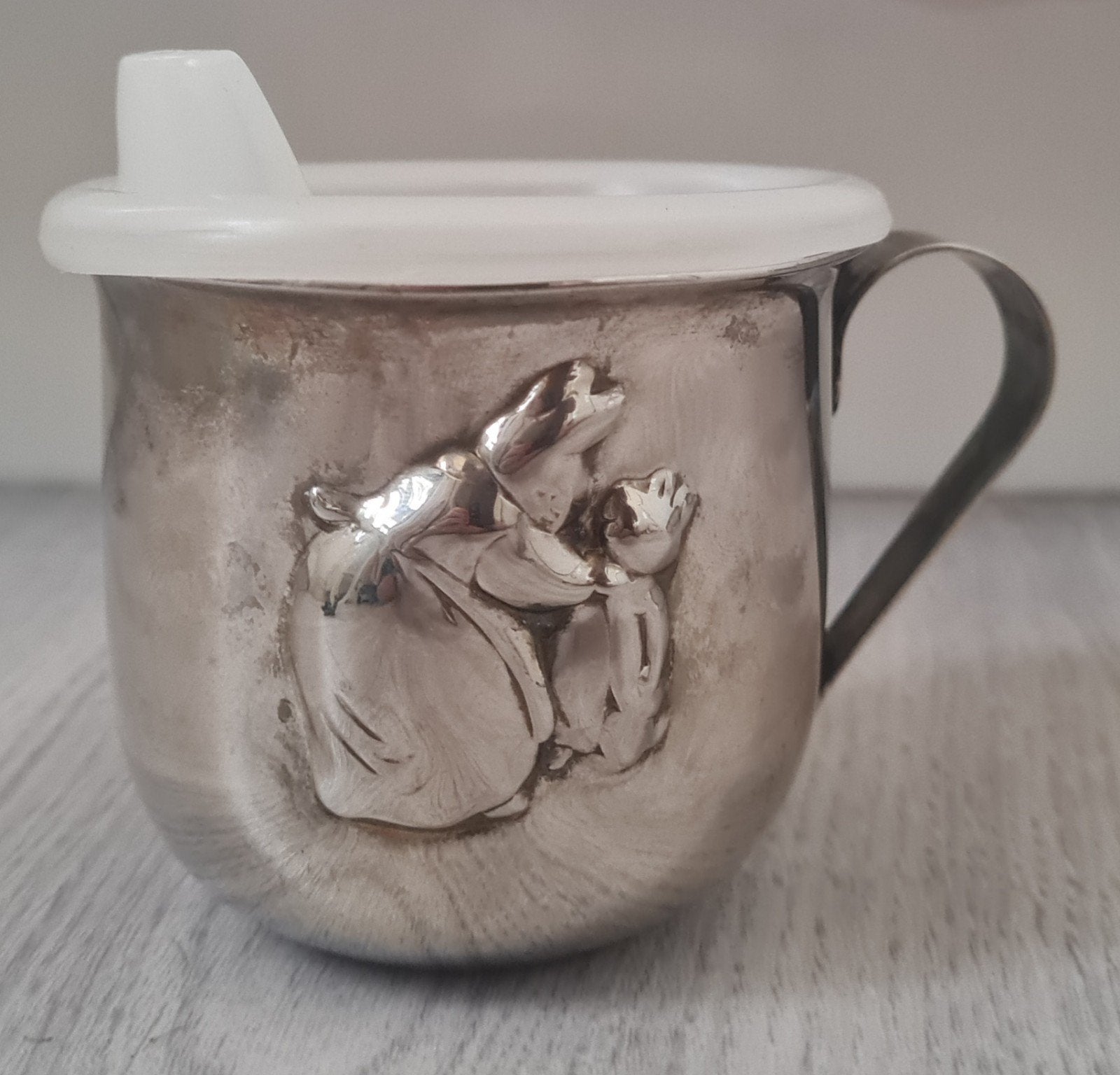 Vintage verzilverde kinderbeker met tuitdeksel, Ophalen of Verzenden