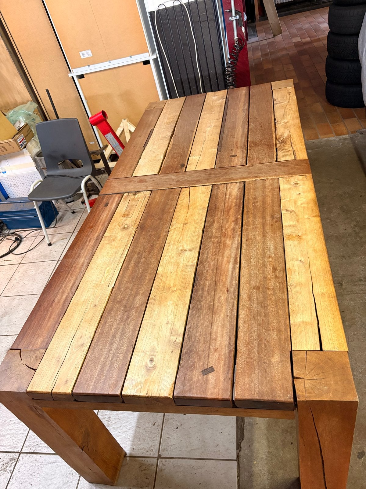 Zelfgemaakte tafel van Azobe hardhout en eiken, Ophalen, Gebruikt, Eikenhout, 200 cm of meer