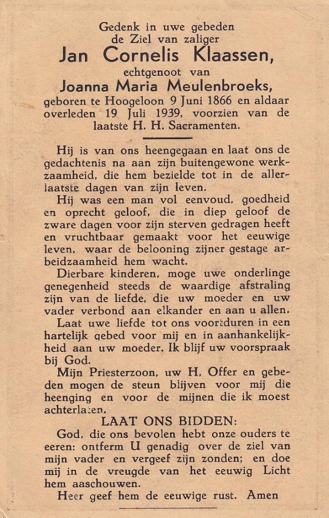 Klaassen Jan 1866 Hoogeloon 1939, Ophalen of Verzenden, Bidprentje
