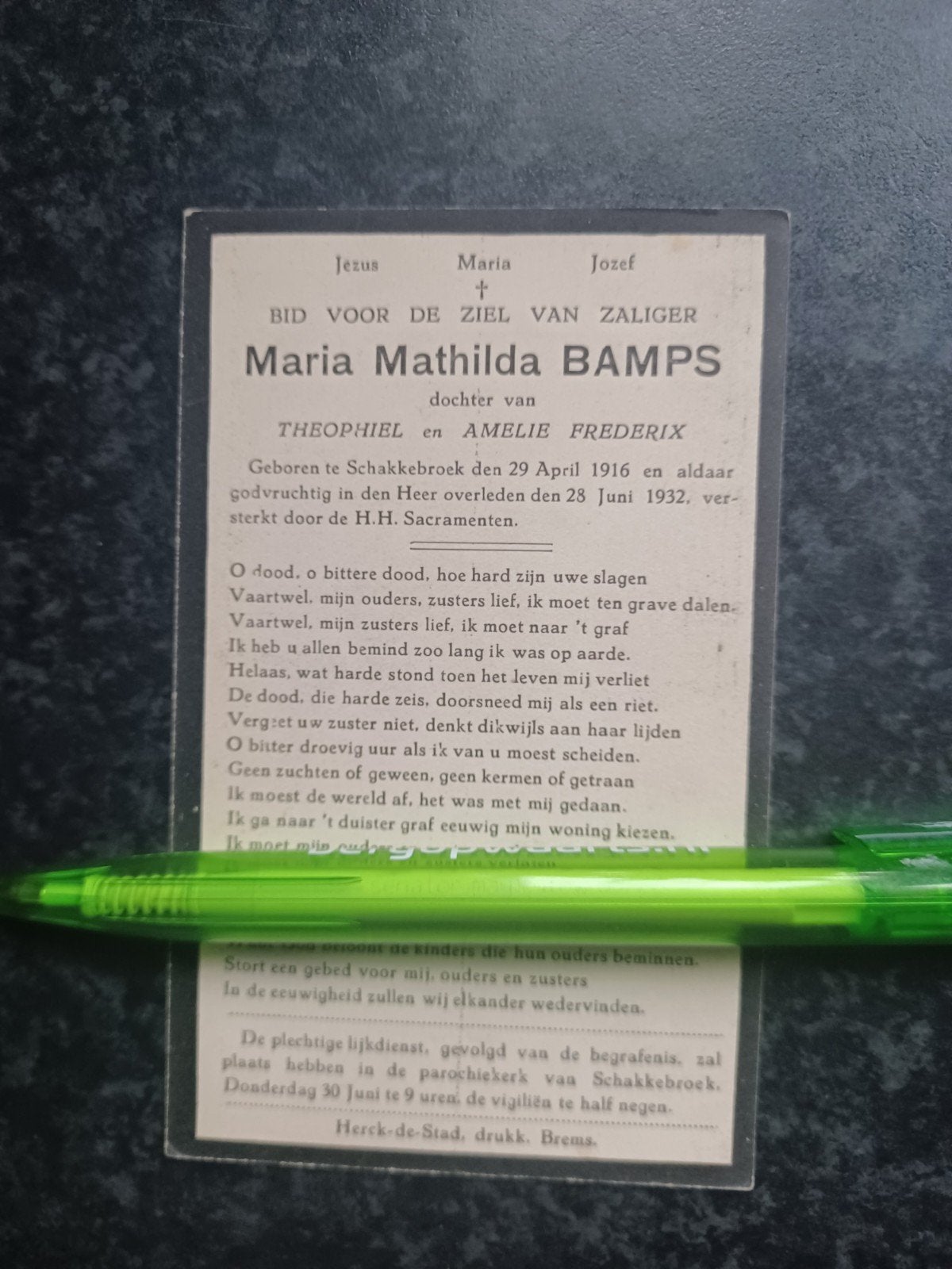Bidprentje Schakkebroek Maria Bamps 1916 1932, Ophalen, Bidprentje