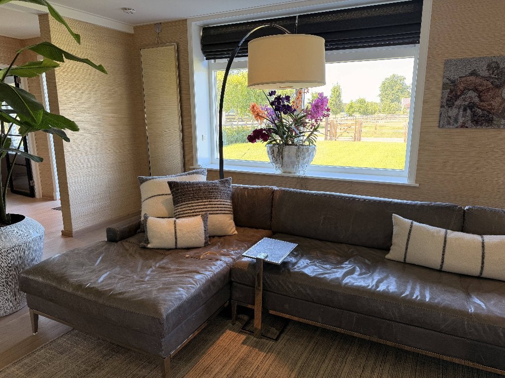 Restoration Hardware | Leren bankstel, Huis en Inrichting, Banken | Bankstellen, Gebruikt, Hoekbank, Vierpersoons of meer, 300 cm of meer