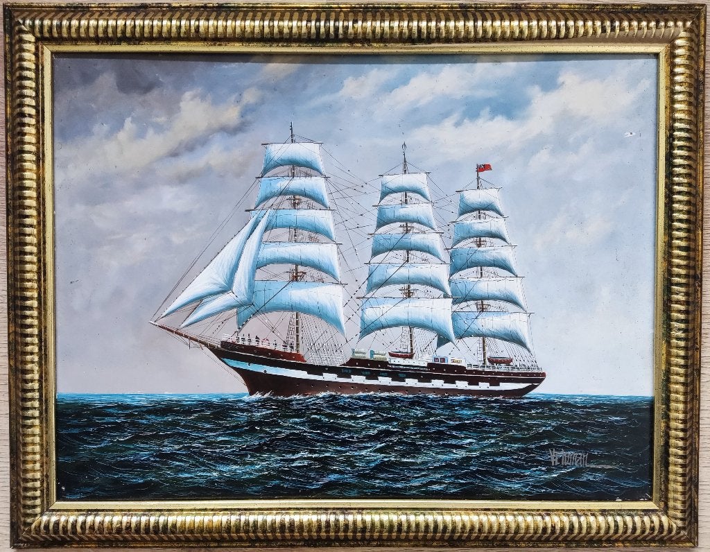 Hollandse School (XX)- Veldman Driemaster op zee, Ophalen of Verzenden, Olieverf, Klassiek, Origineel werk