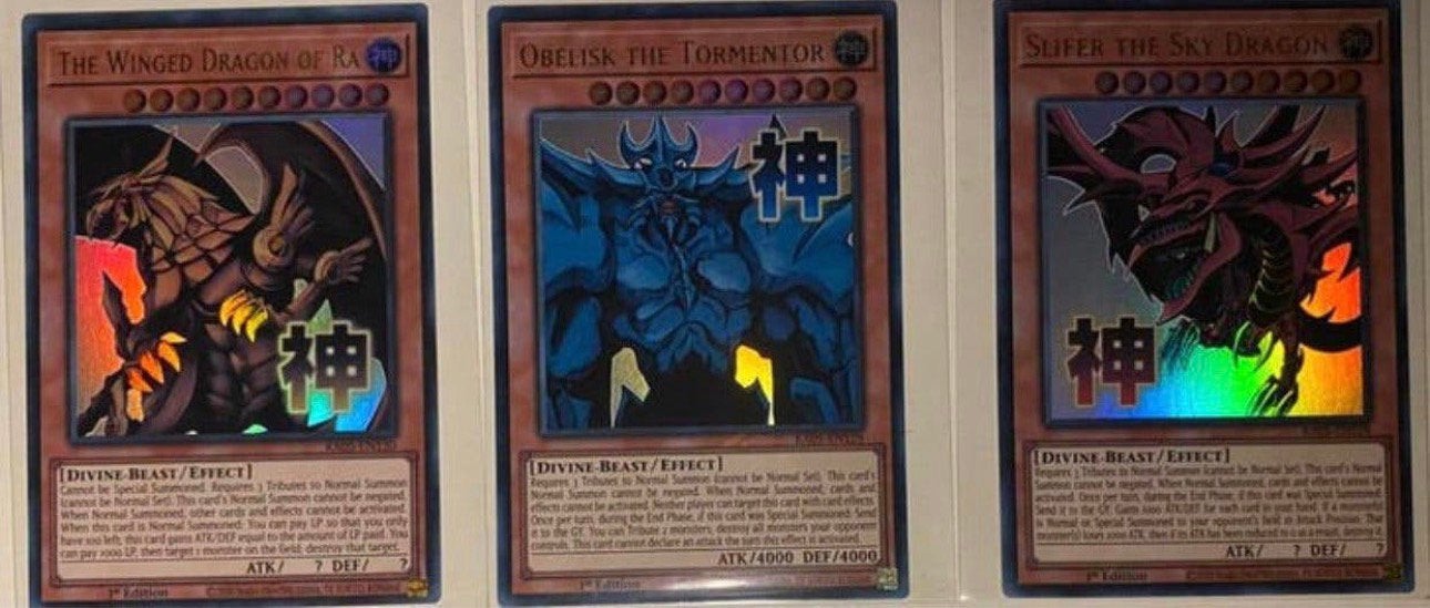 Yu-Gi-Oh! Stamped Egyptian God Set RA05 1st Edition English, Hobby en Vrije tijd, Ophalen of Verzenden, Zo goed als nieuw, Meerdere kaarten