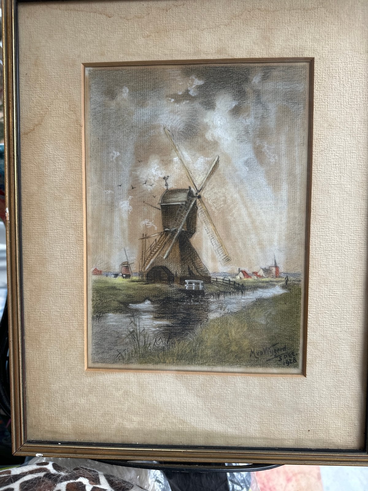 Oud Hollands Molenlandschap - Pastel Tekening 1928, Ophalen, Gedateerd, Oud hollands, Landschap