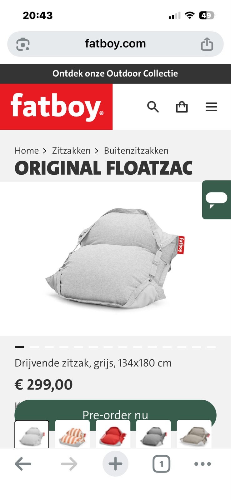 Fatboy Original Floatzac - Drijvende Zitzak Grijs, Huis en Inrichting, Zitzakken, Ophalen, Nieuw, Grijs, Zitzak