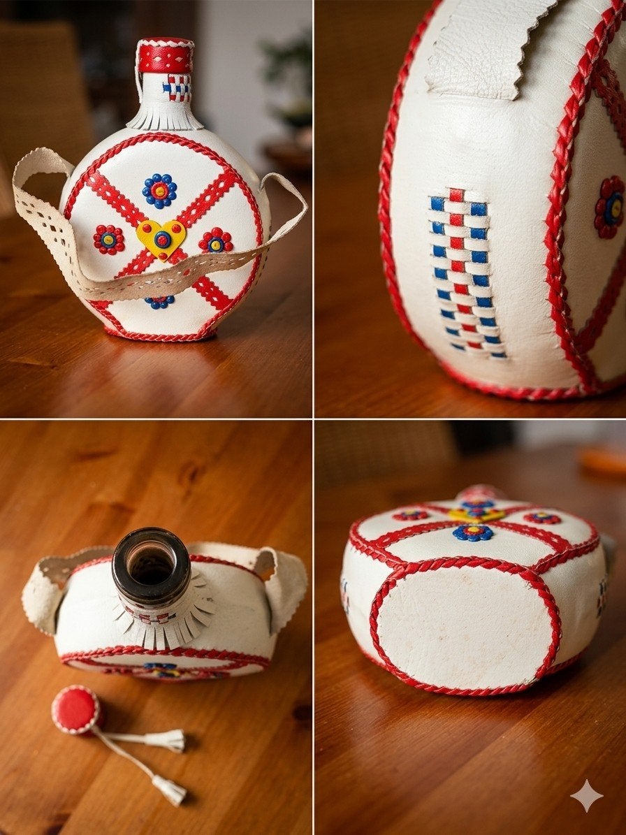 Vintage Lederen Veldfles / Karaf (LEEG) met Vrolijk Handwerk, Antiek en Kunst, Curiosa en Brocante, Ophalen