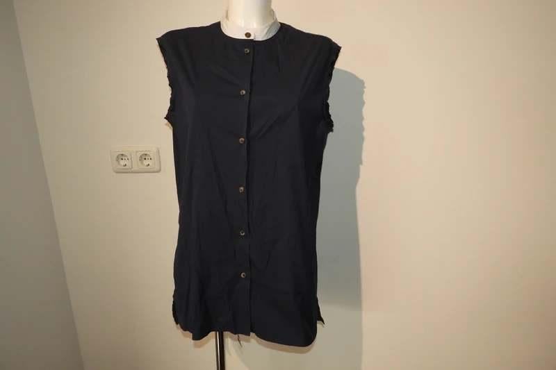 Lanvin donker blauwe door knoop blouse top kraagje wit F44, Lanvin, Maat 42/44 (L), Zo goed als nieuw, Verzenden