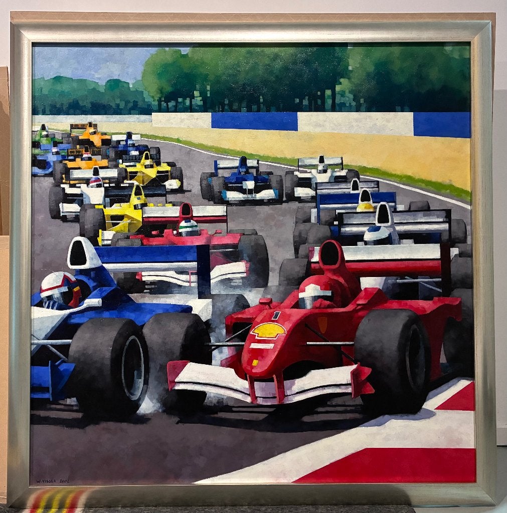Uniek schilderij Formule 1 2001 van Willem Visser (WdkA), Antiek en Kunst, Ophalen, Op houten frame, Acrylverf, Overig onderwerp