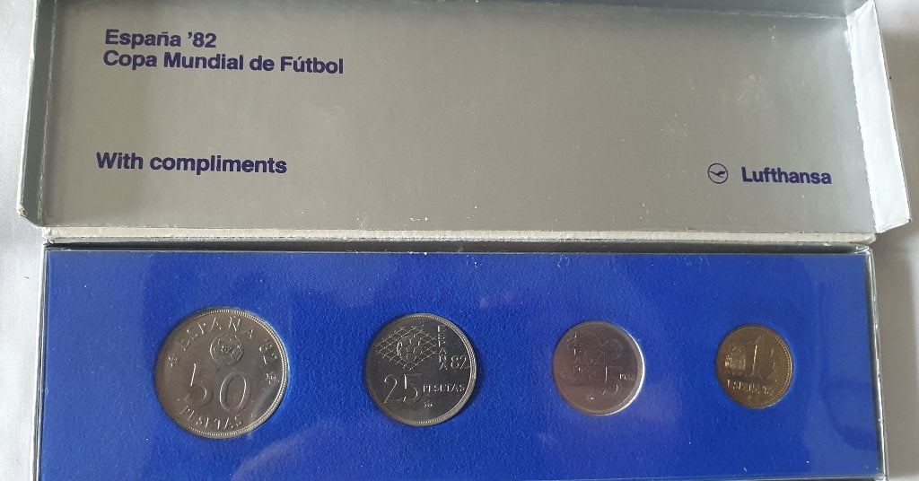 Lufthansa muntenset WK voetbal 1982 Spanje 50 25 5 1 Pesetas, Ophalen of Verzenden, Buitenland, Munten