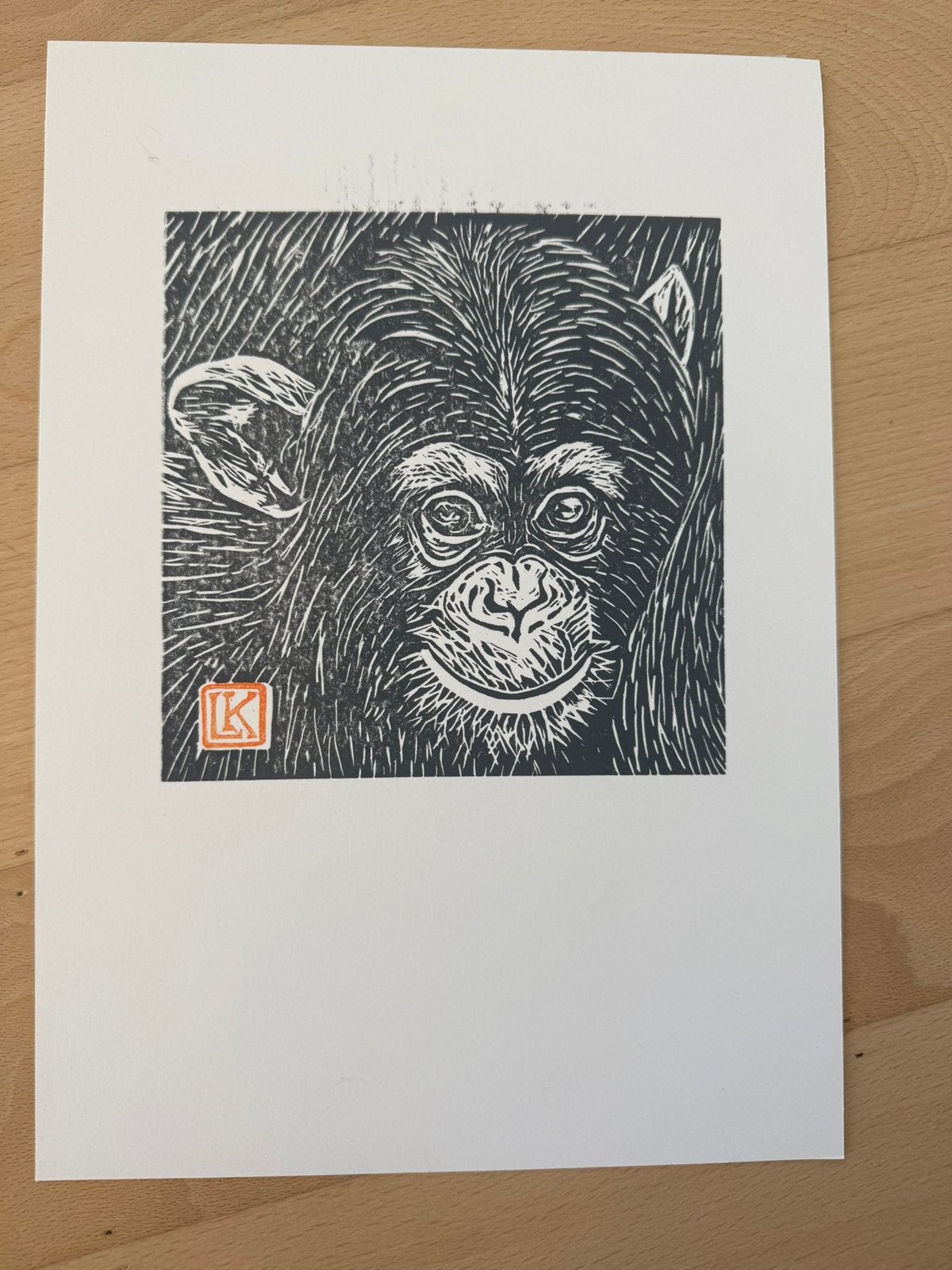 Linosnede chimpansee, Antiek en Kunst, Kunst | Litho's en Zeefdrukken, Linosnede, Gesigneerd, Ophalen of Verzenden, Dieren en Natuur