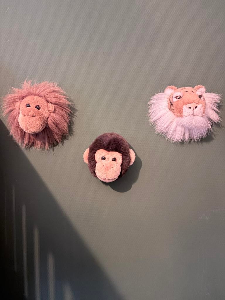 Set van 3 pluche dierenkoppen: leeuw, tijger, aap, Ophalen of Verzenden, Zo goed als nieuw