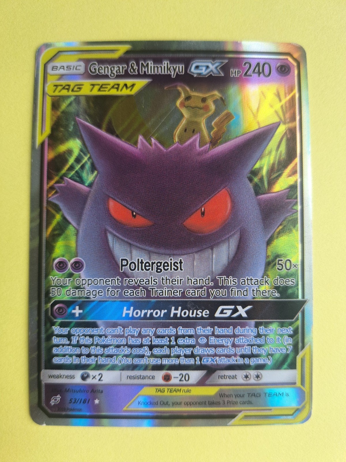 Gengar & Mimikyu GX TAG TEAM Pokémon Kaart, Ophalen of Verzenden, Gebruikt, Losse kaart
