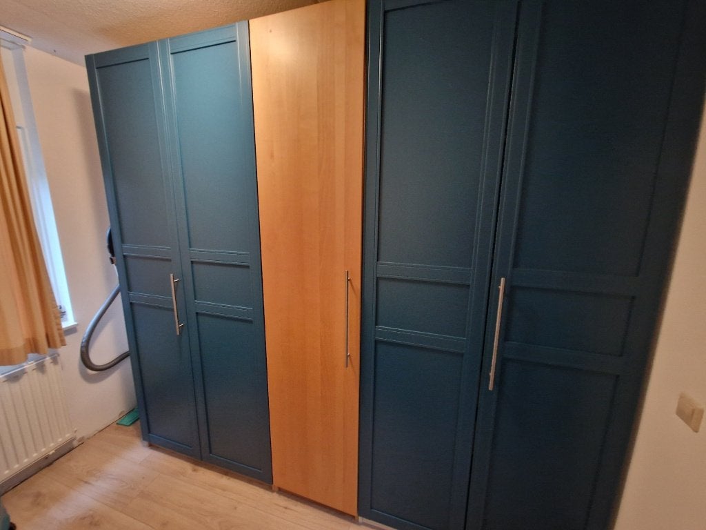 5 IKEA Pax kastdeuren: 1 Nexus spiegel, 4 Flisberget blauw, Ophalen, Gebruikt, 200 cm of meer, 50 tot 100 cm