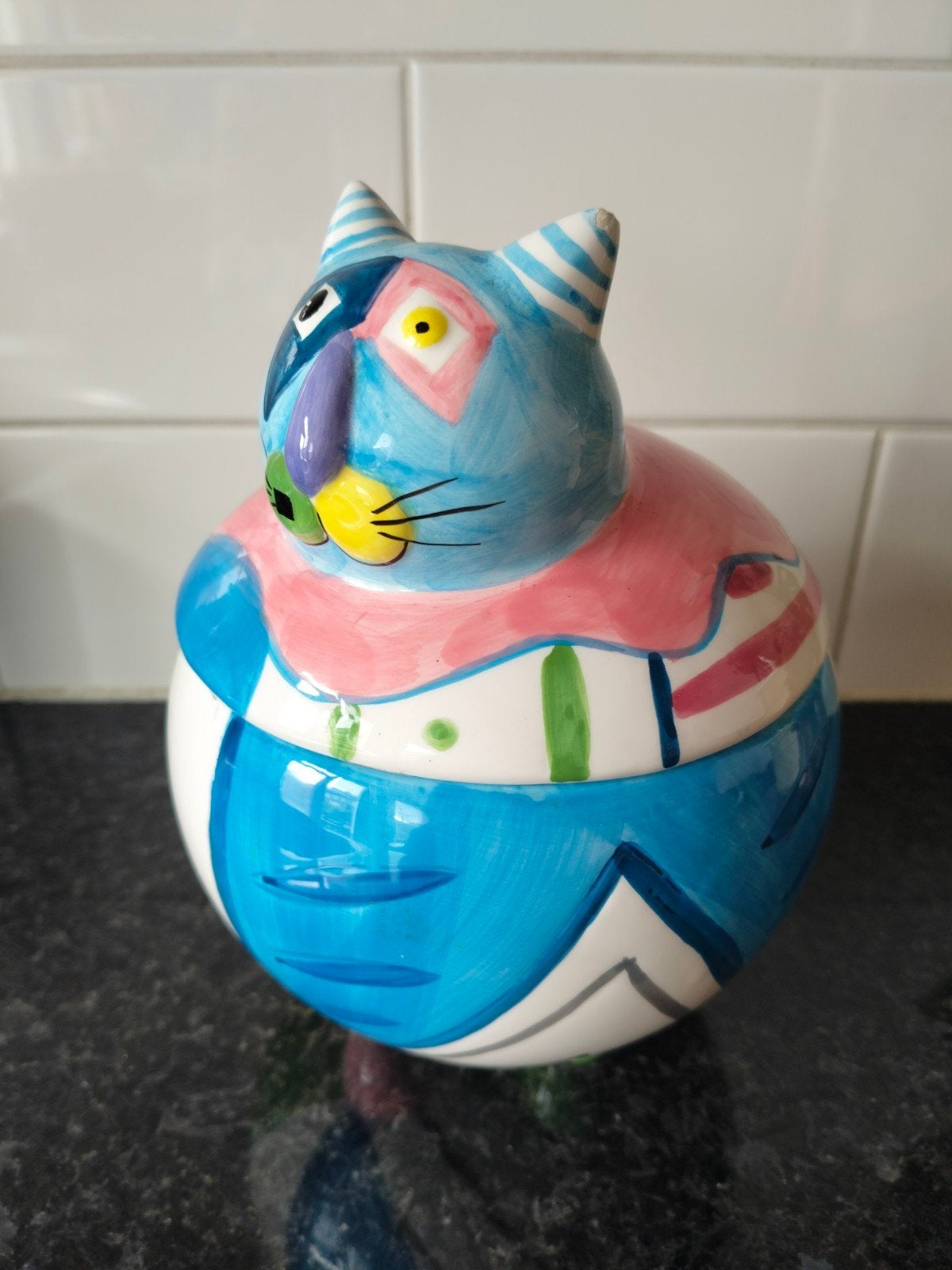 Handbeschilderde Snoep/Koek Pot - Vrolijke Kat, Gebruikt, Meerkleurig, Overige stijlen, Ophalen of Verzenden