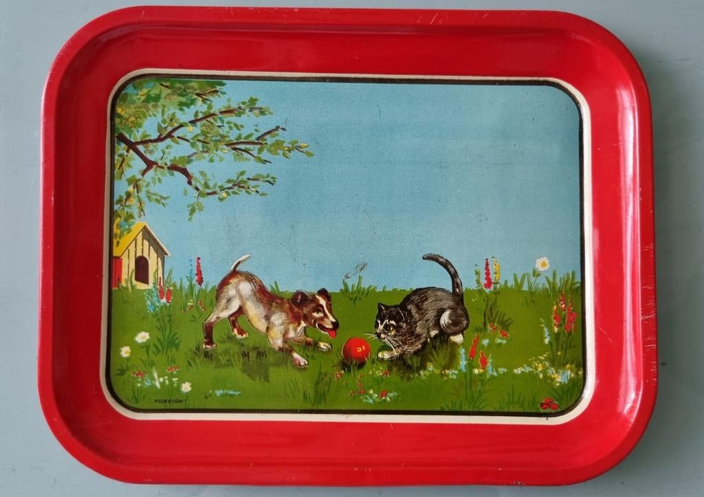 Oude metalen dienblad met hond en kat, Ophalen of Verzenden
