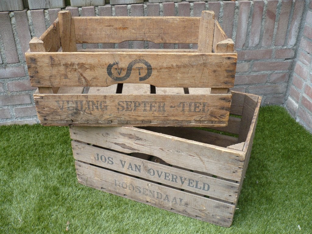 2 Vintage houten veiling/fruitkisten, Huis en Inrichting, Ophalen, Minder dan 50 cm, Gebruikt, 50 tot 100 cm