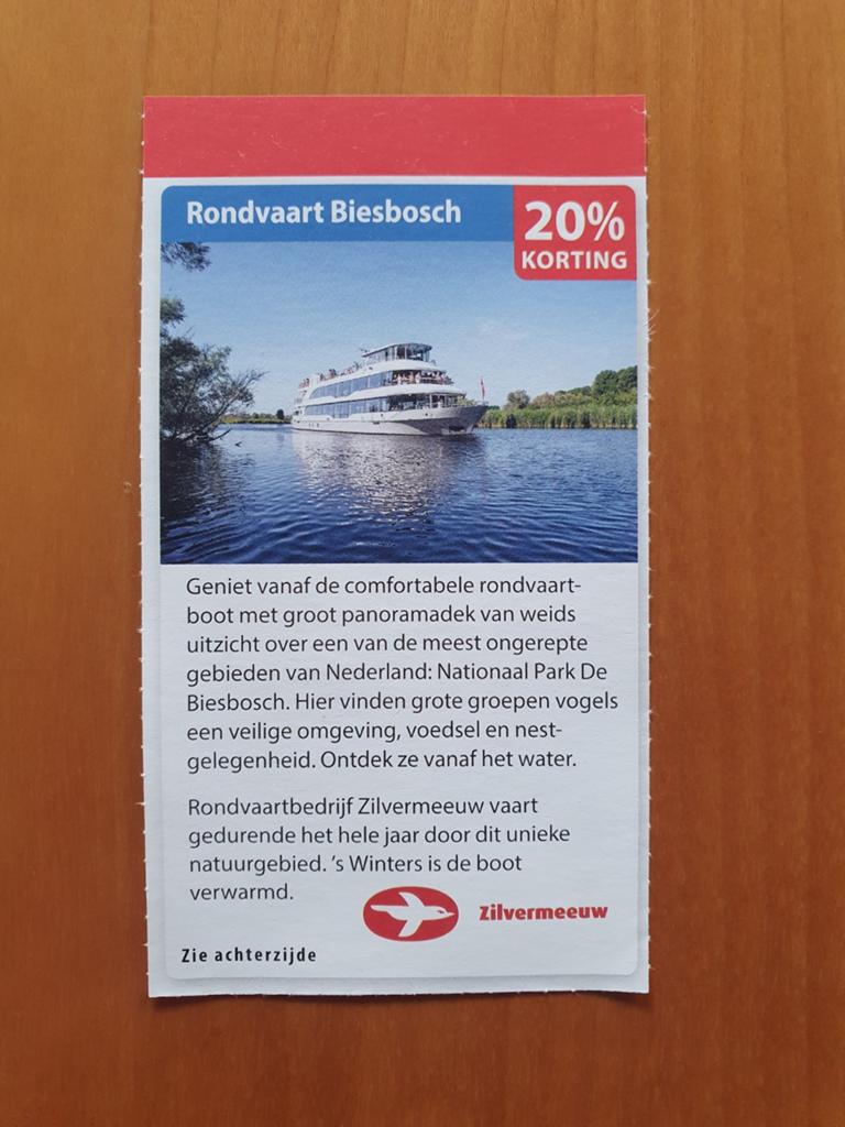 Rondvaart Biesbosch Zilvermeeuw 20% korting, Drie personen of meer, Kortingsbon