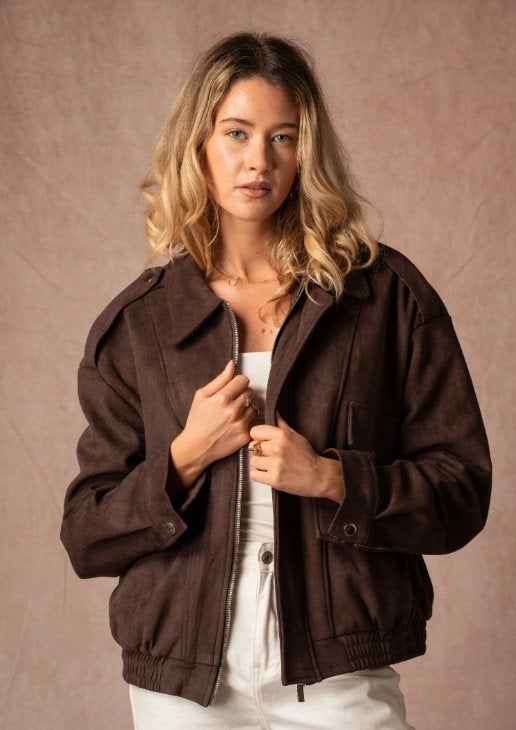 Vegan suède leer bomber jas bruin M / L oversized tot 44, Unika, Bruin, Maat 42/44 (L), Ophalen of Verzenden