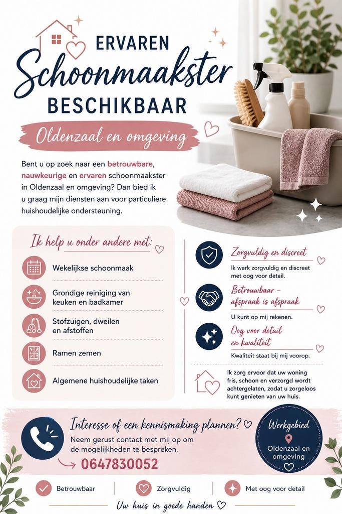 Ervaren schoonmaakster beschikbaar – Oldenzaal en omgeving, Ophalen of Verzenden