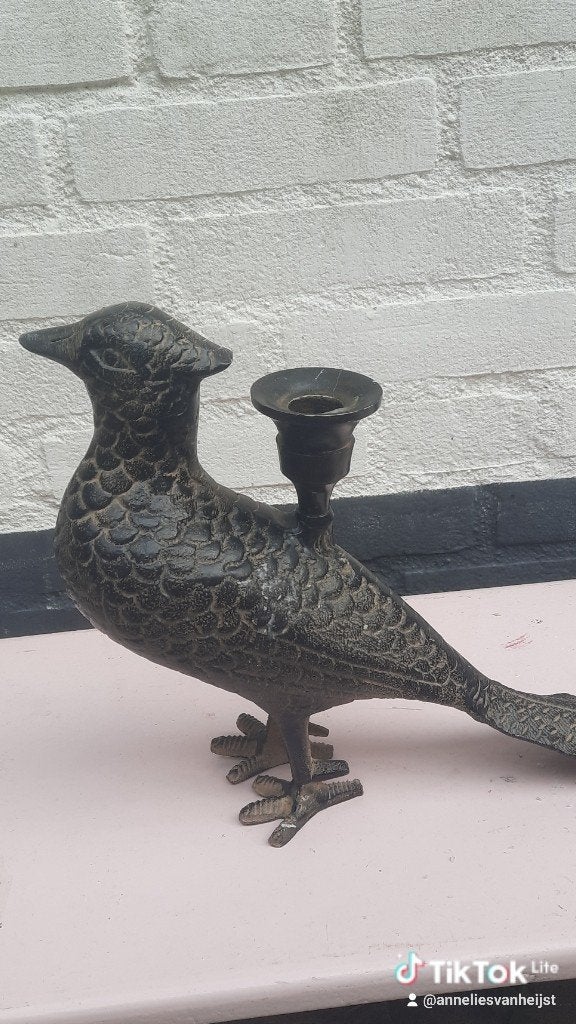 Antieke fazant kandelaar van koper of brons, Antiek en Kunst, Ophalen of Verzenden, Koper of Brons
