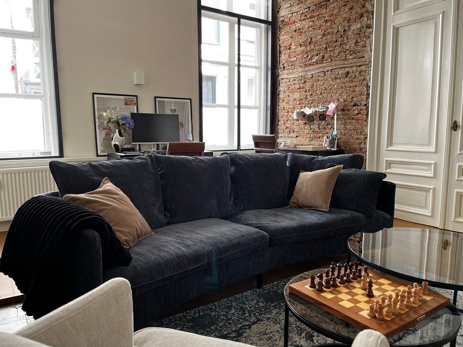 3-Seater Designer Sofa Dark Blue Velvet, Excellent Condition, Ophalen, Gebruikt, Driepersoons, 75 tot 100 cm