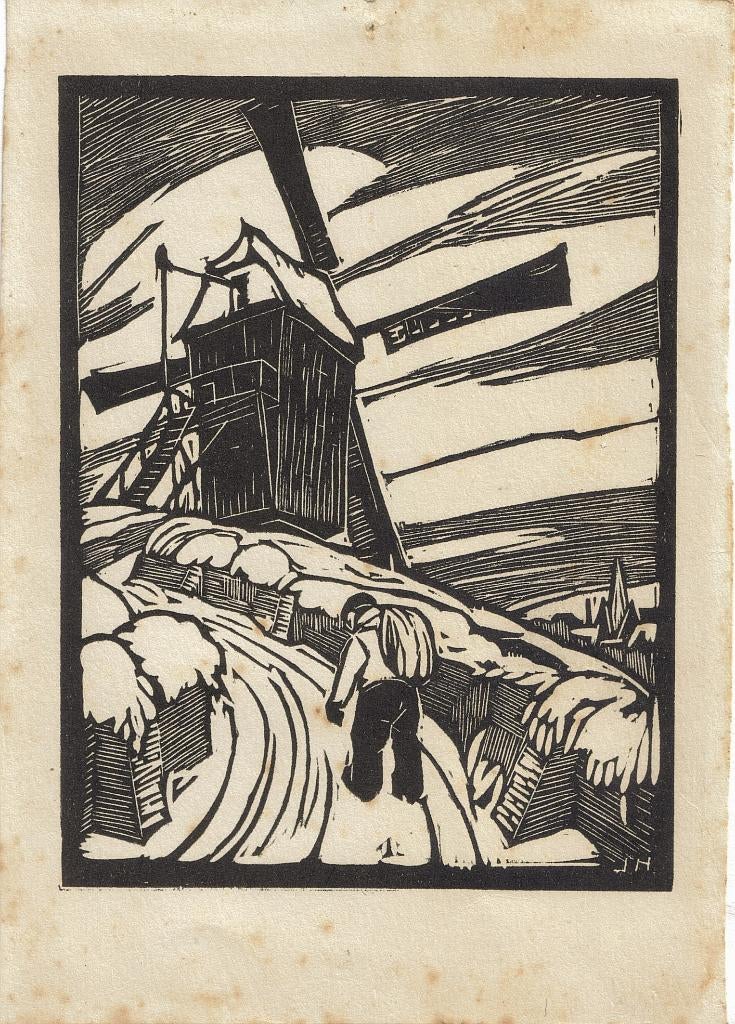 Johan Haak houtsnede "Molen en Zakdrager", Ophalen, Minder dan 50 cm, Gebruikt, Oorspronkelijke maker