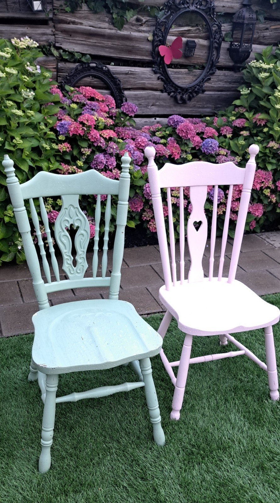 Brocante houten stoelen - Mintgroen en Roze, Ophalen
