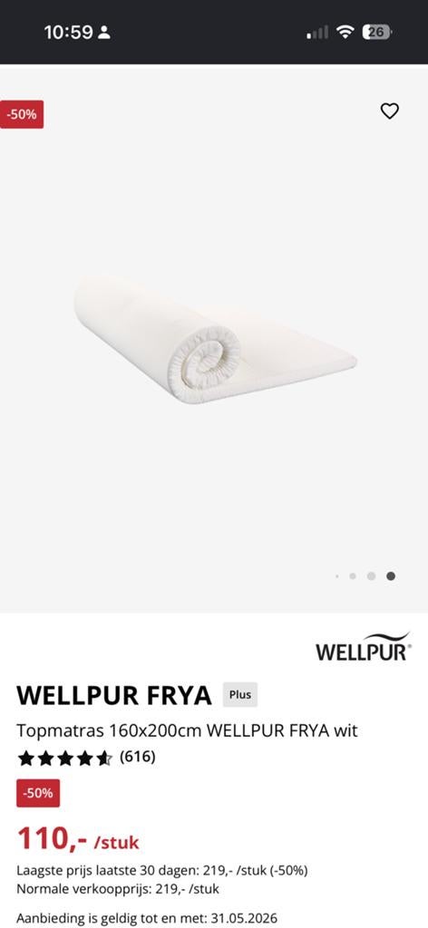 Wellpur topper, 160x200 m, Huis en Inrichting, Slaapkamer | Matrassen en Bedbodems, 160 cm, Tweepersoons, Ophalen