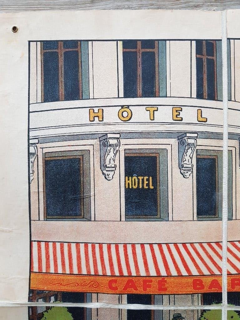 In de straat oude schoolplaat uit Frankrijk litho op canvas., Antiek en Kunst, Origineel, Ophalen of Verzenden, Lithografie