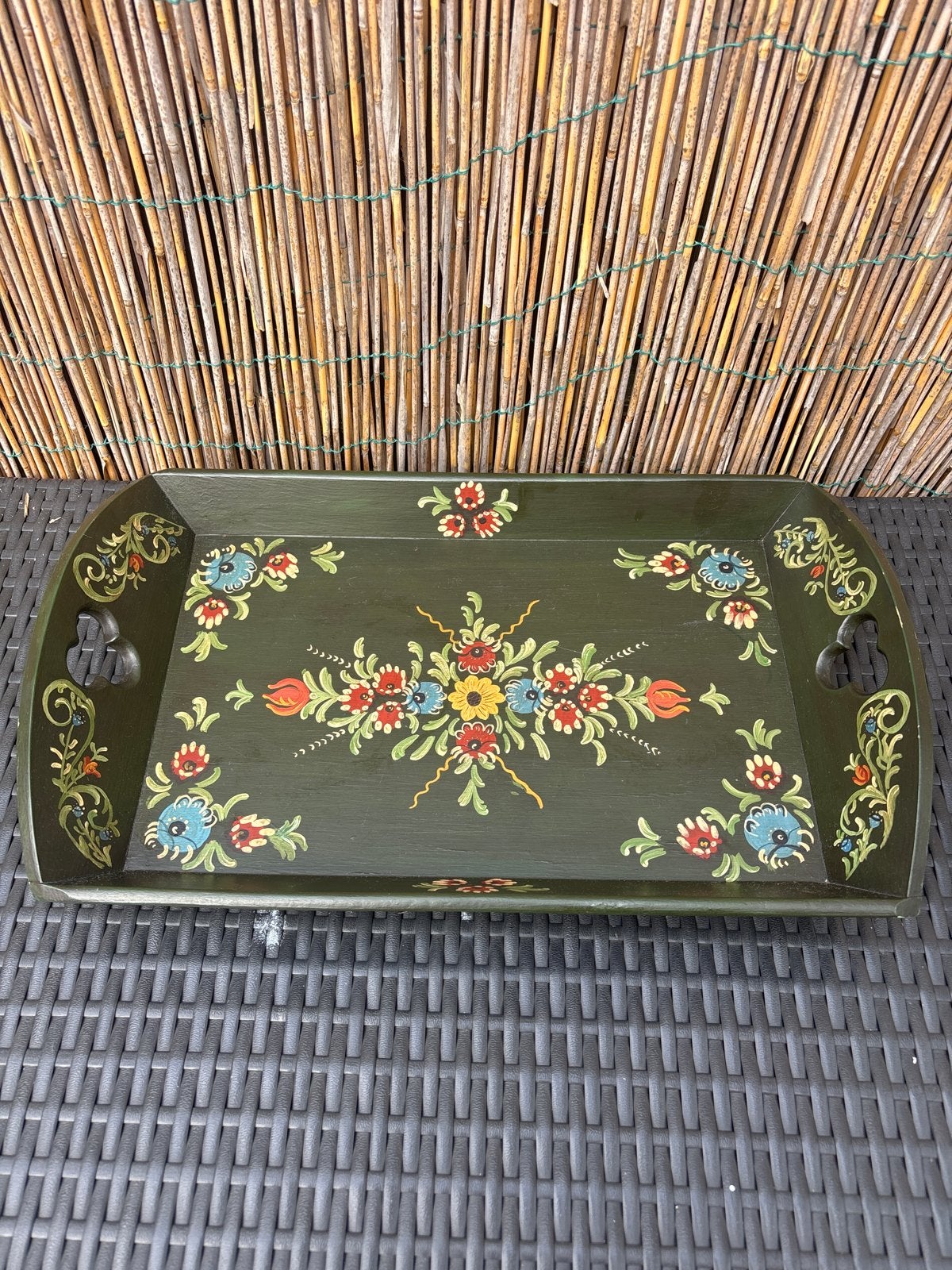 Vintage houten dienblad met handgeschilderde bloemen, Ophalen of Verzenden