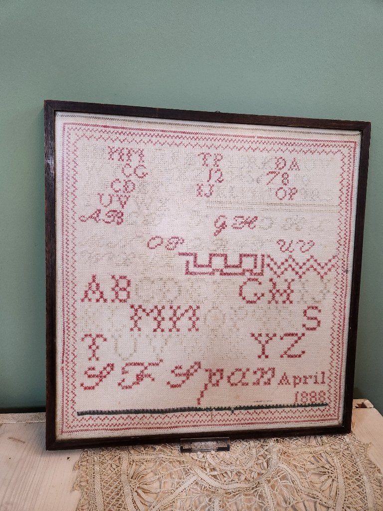 Oude merklap in lijst matglas, Antiek en Kunst, Ophalen