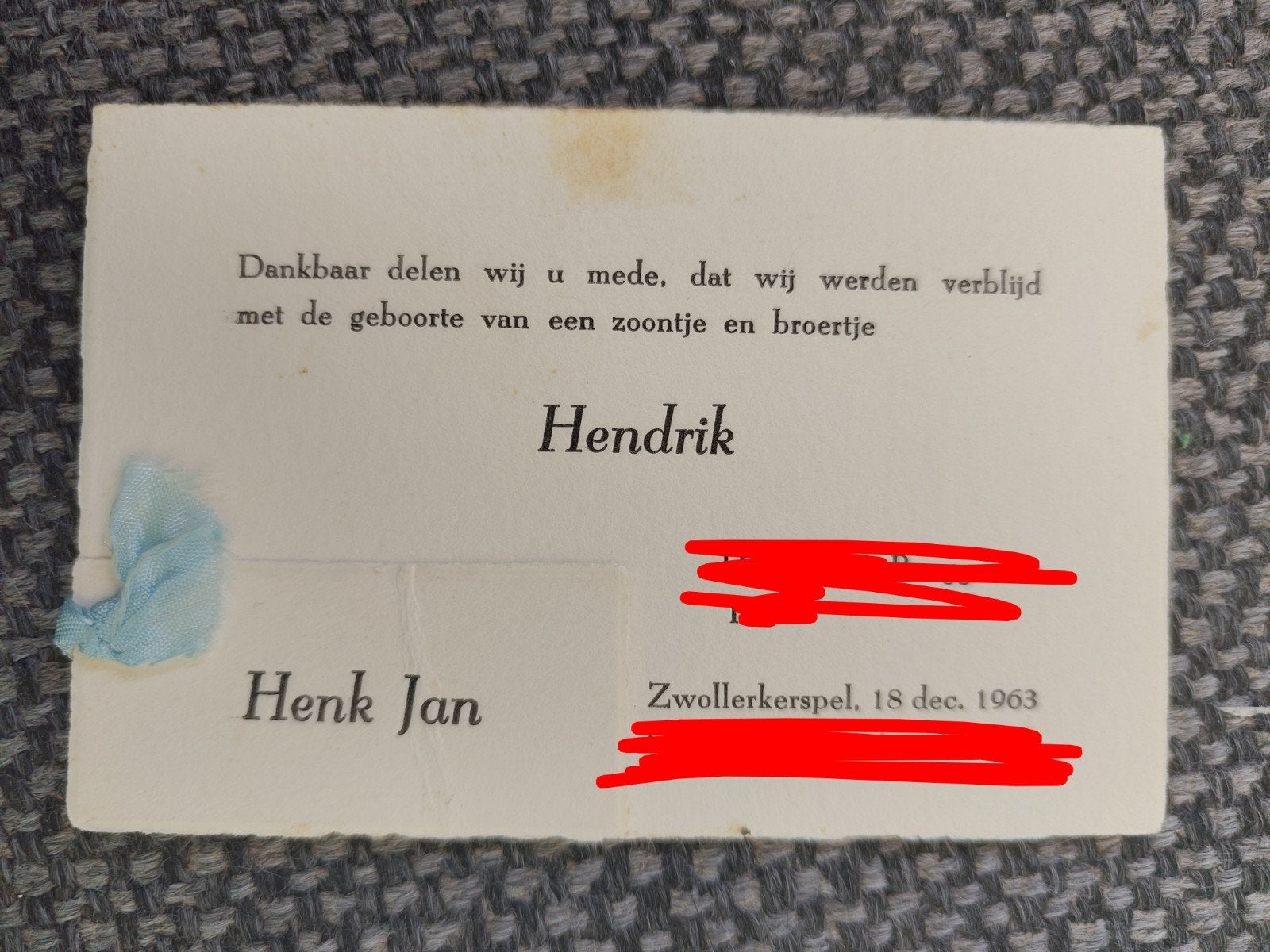 strikkaartje van Henk Jan, Ophalen of Verzenden, Voor 1970, Geboortekaartje