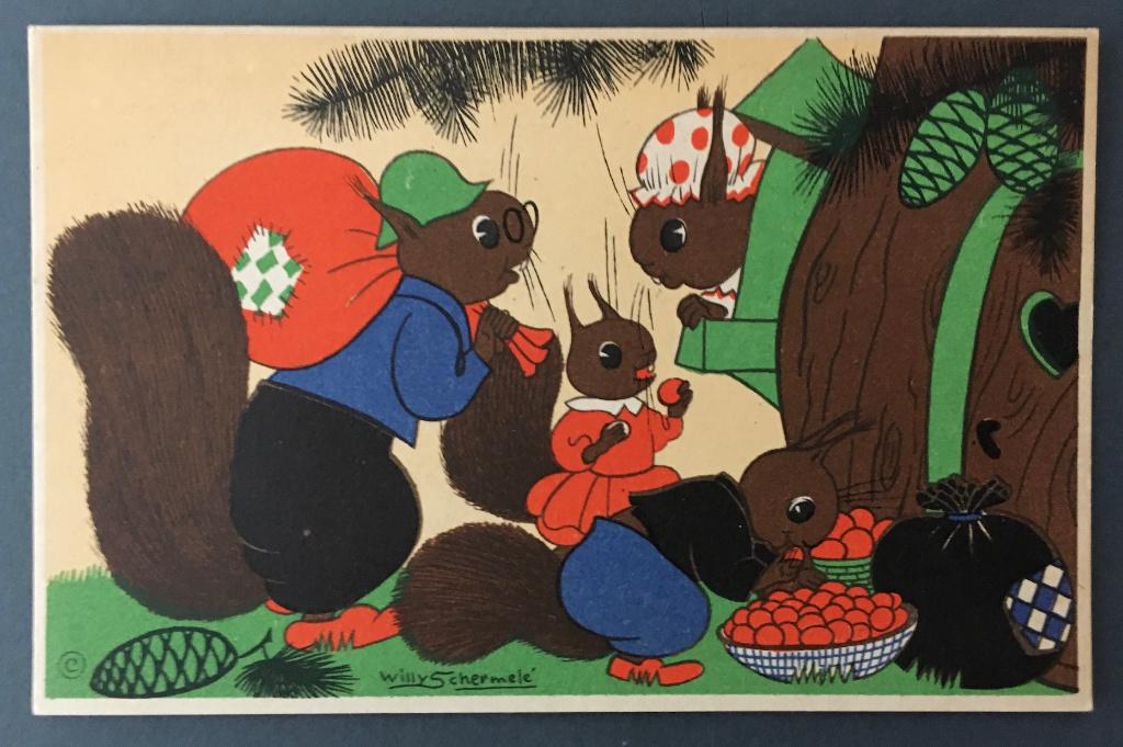 Prentbriefkaart: Willy Schermele Eekhoorns., Ophalen of Verzenden, 1940 tot 1960, Ongelopen, Overige thema's