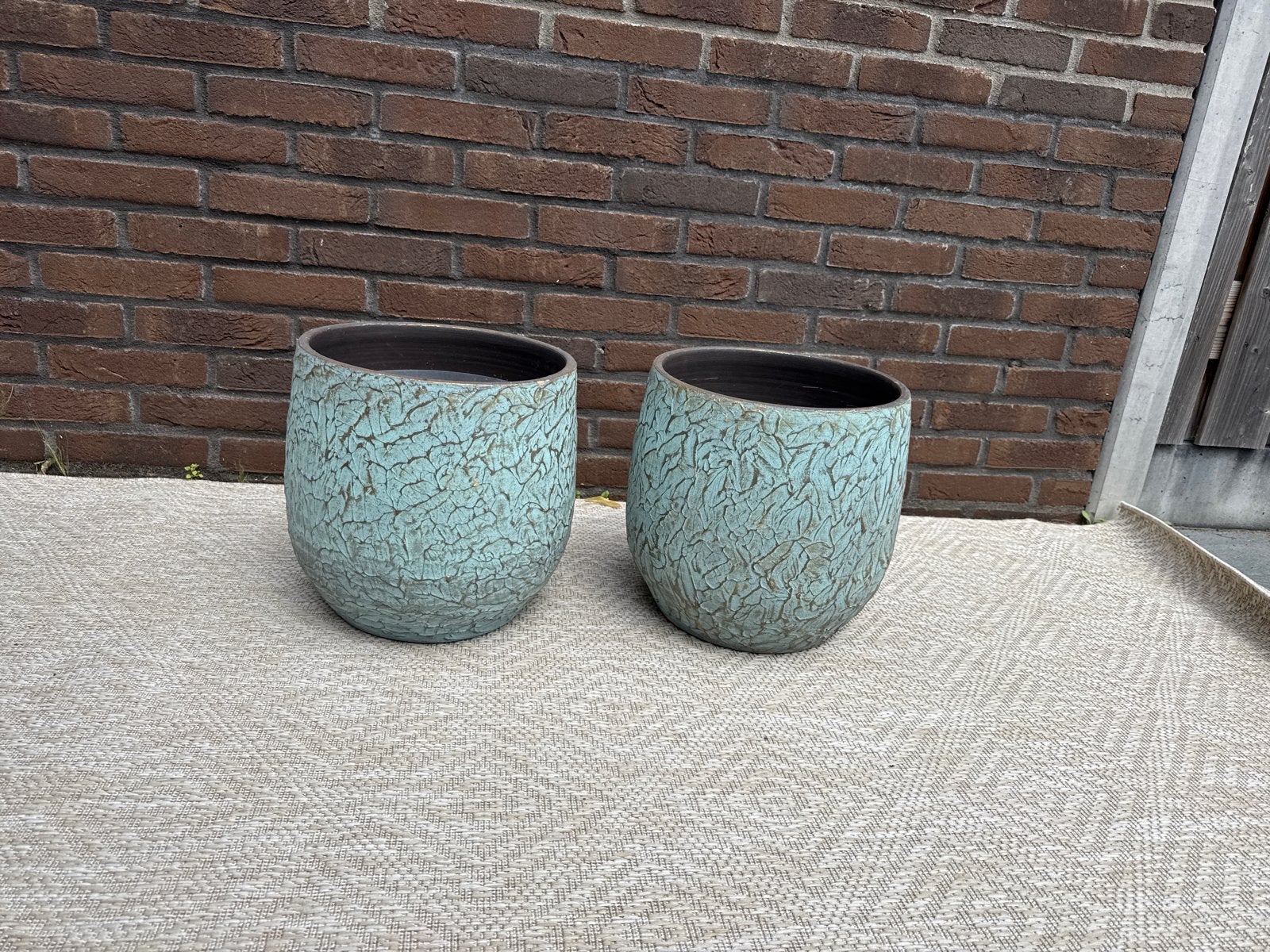Set van 2 turquoise bloempotten met unieke textuur, Tuin en Terras, Bloempotten, 25 tot 40 cm, Rond, Binnen, Ophalen of Verzenden