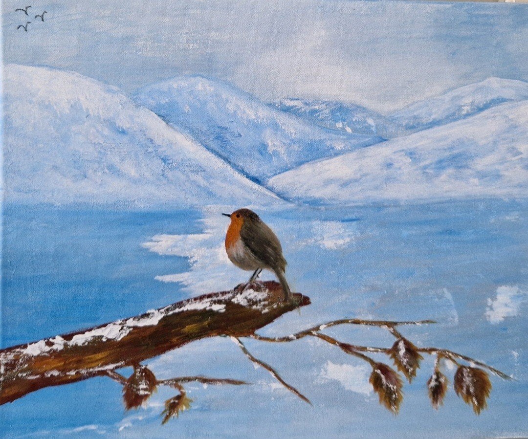 Roodborstje in winterlandschap €60 handgeschilderd, Ophalen of Verzenden, Acrylverf
