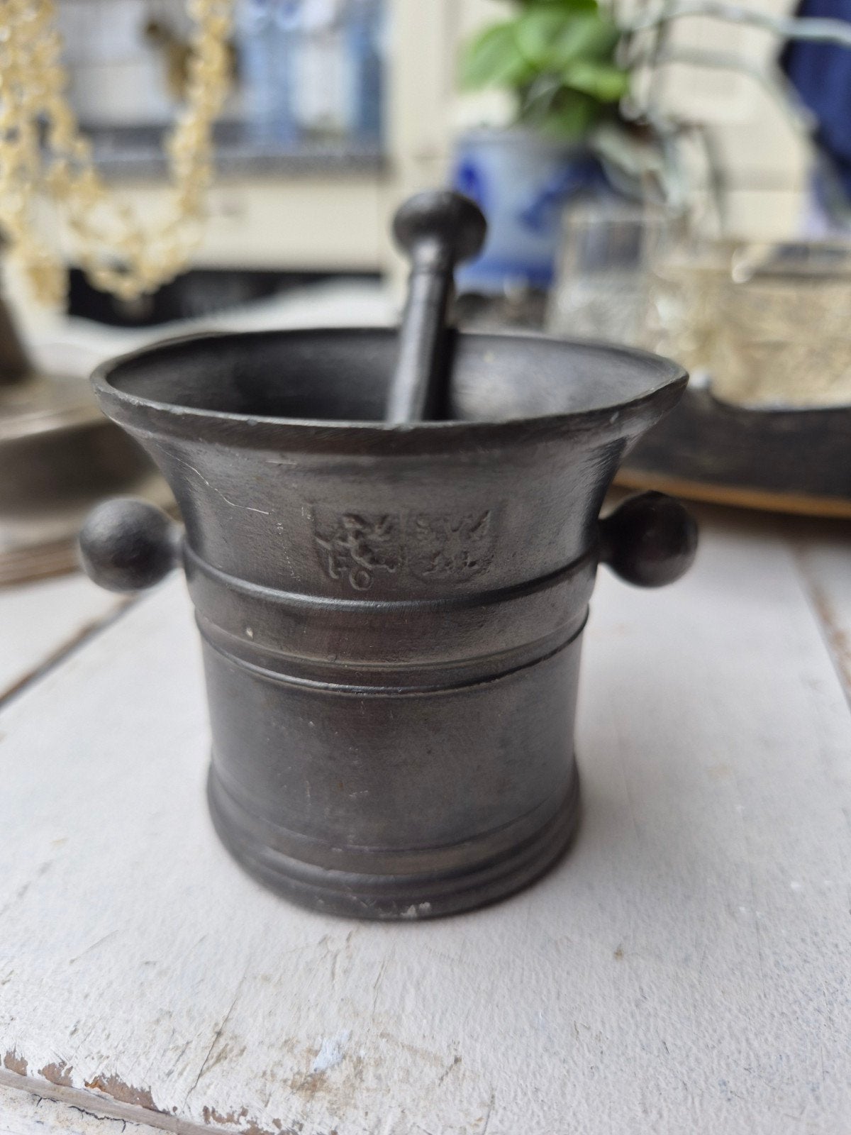 Antieke tinnen miniatuur vijzel met stamper - Decoratief, Antiek en Kunst, Ophalen of Verzenden
